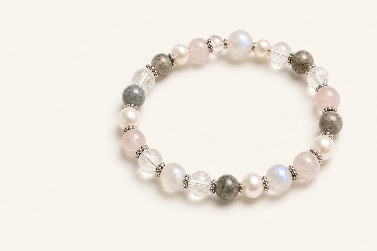 Custom Beadrift bracelet made with pale natural stone, glass and pearl beads